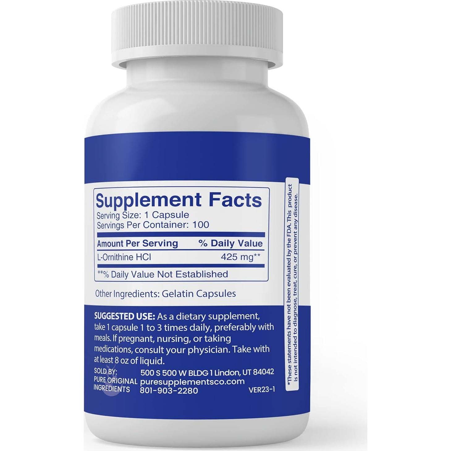 L-Ornitina 100 Cápsulas Siempre Puro Sin Aditivos 68g