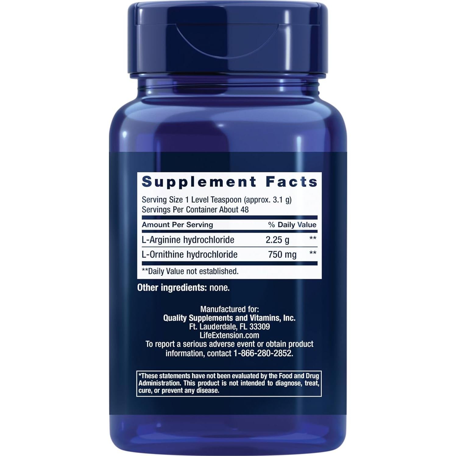 Polvo de Arginina Ornithina Life Extension 150g Sin Gluten