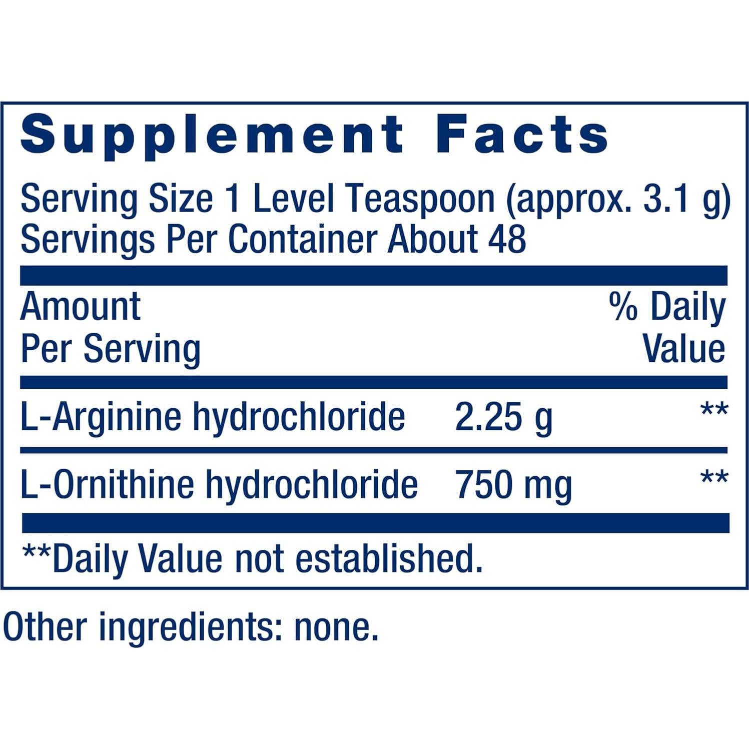 Polvo de Arginina Ornithina Life Extension 150g Sin Gluten