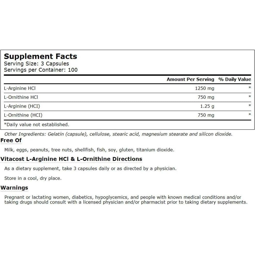 Suplemento Vitacost L-Arginina HCl y L-Ornitina 300 Cápsulas