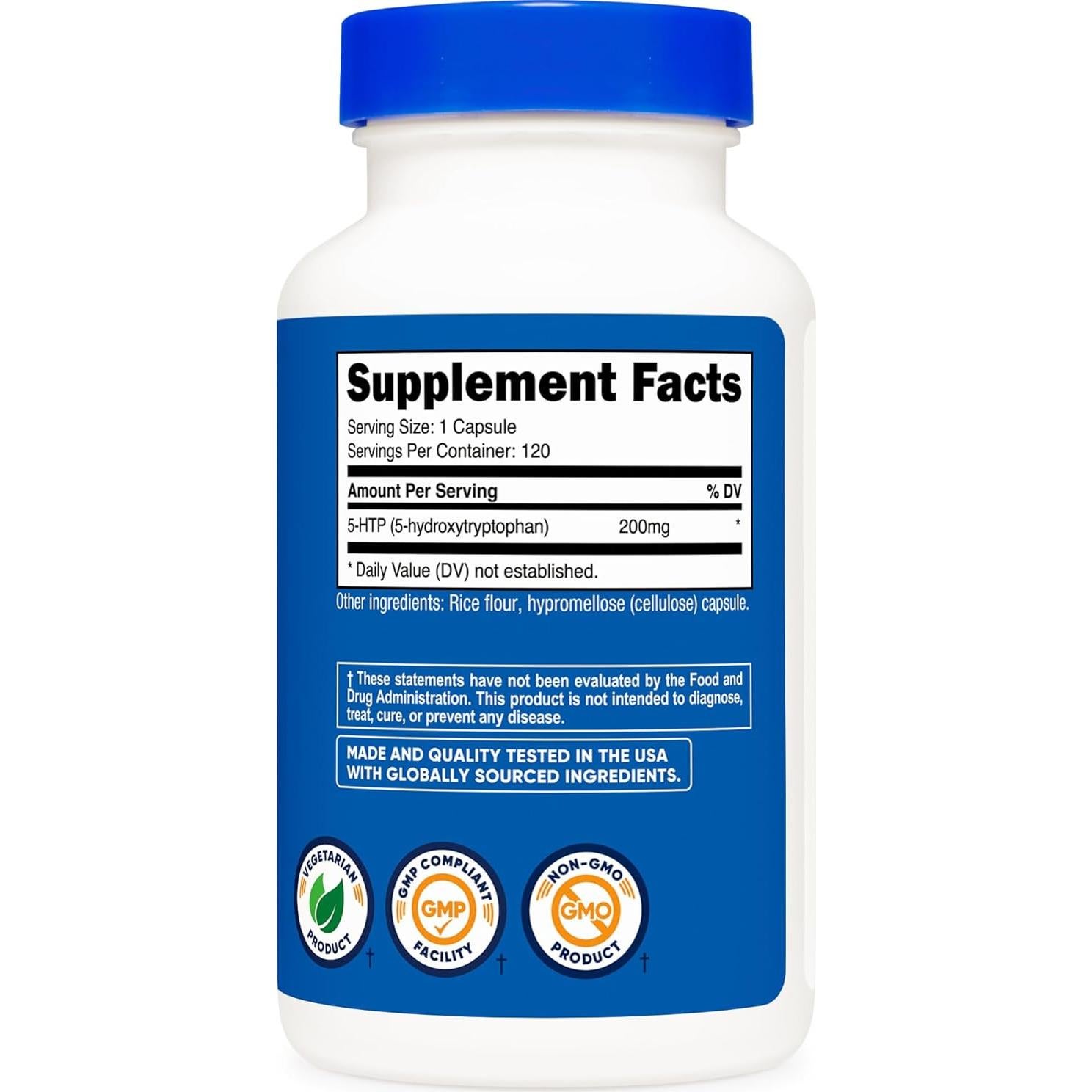 Suplemento Nutricost 5-HTP 200mg 120 Cápsulas Vegetarianas