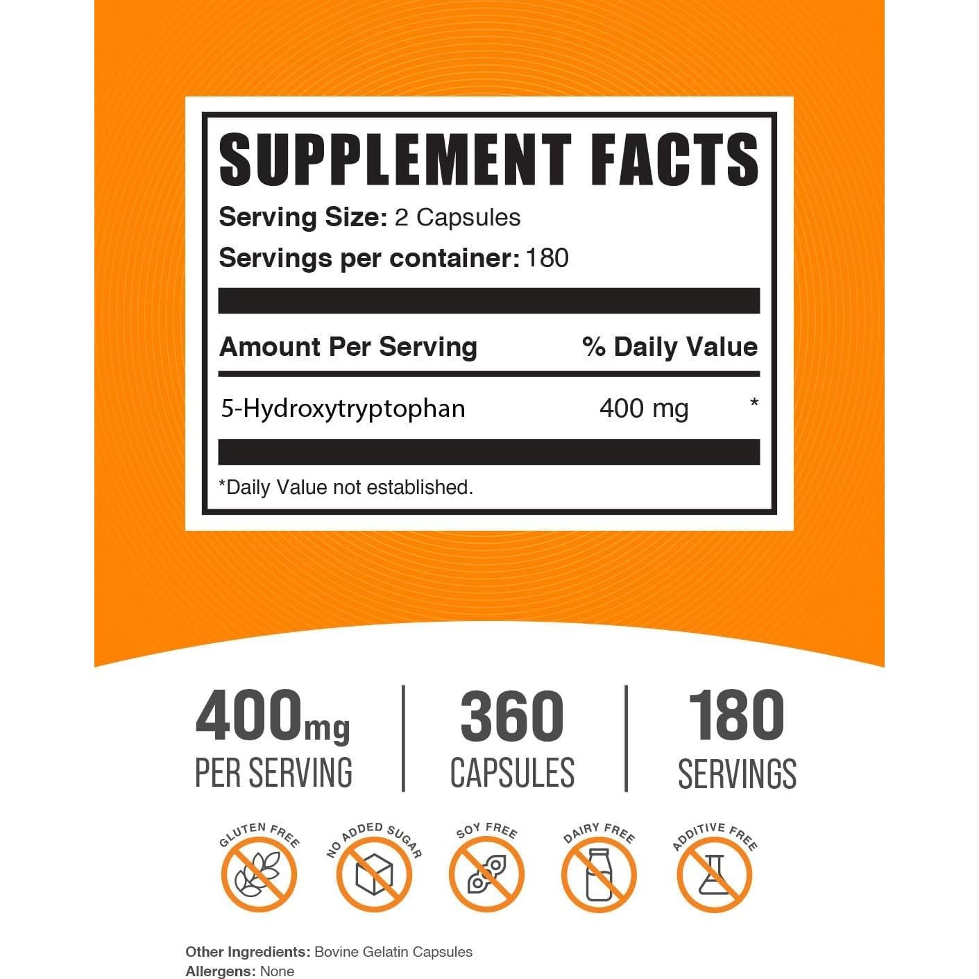 Cápsulas de 5-HTP BulkSupplements 400mg - 360 Conteo