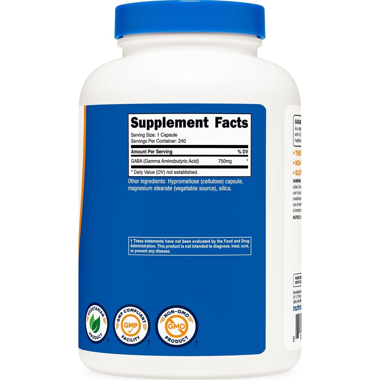 Nutricost GABA 750mg 240 Cápsulas Sin OGM Sin Gluten