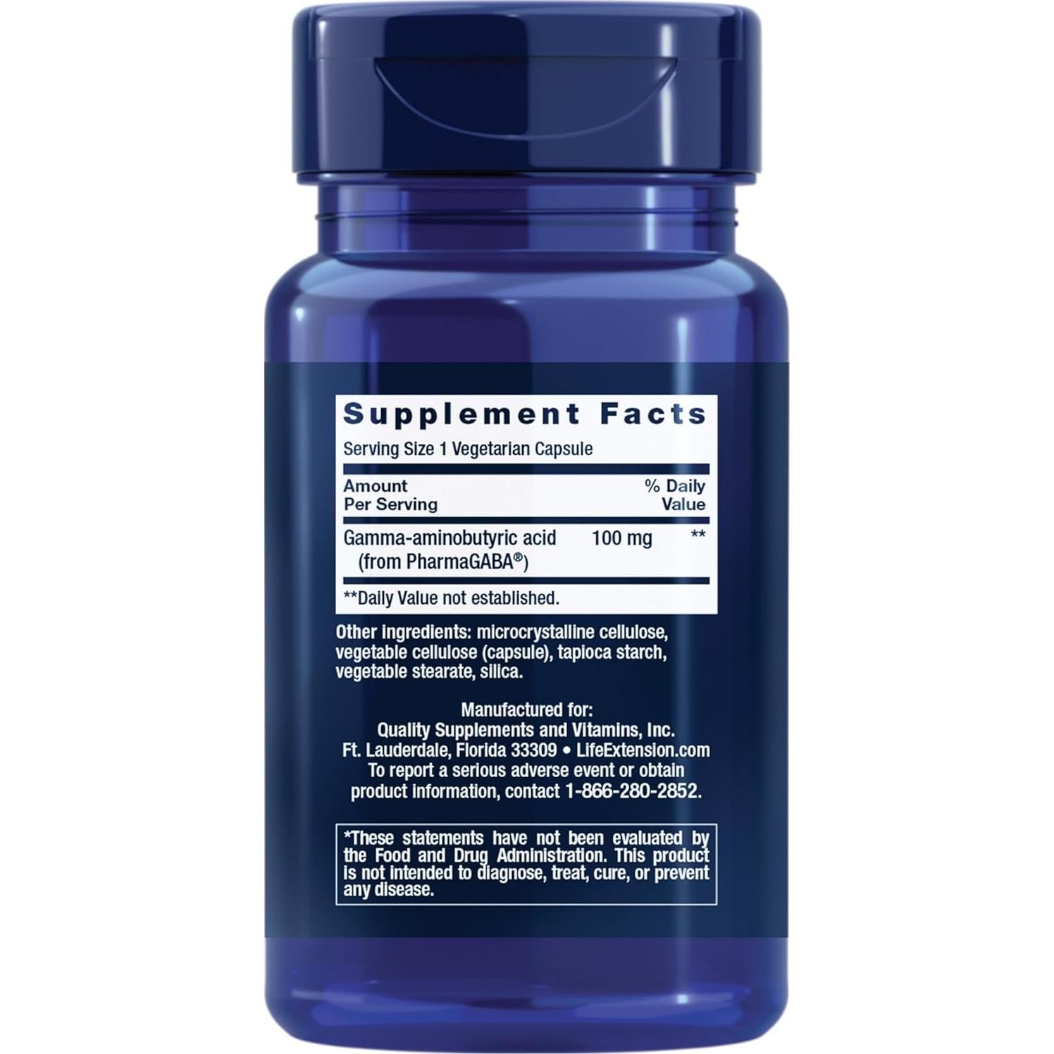 Suplemento GABA Life Extension 100 mg, 60 Cápsulas Vegetarianas
