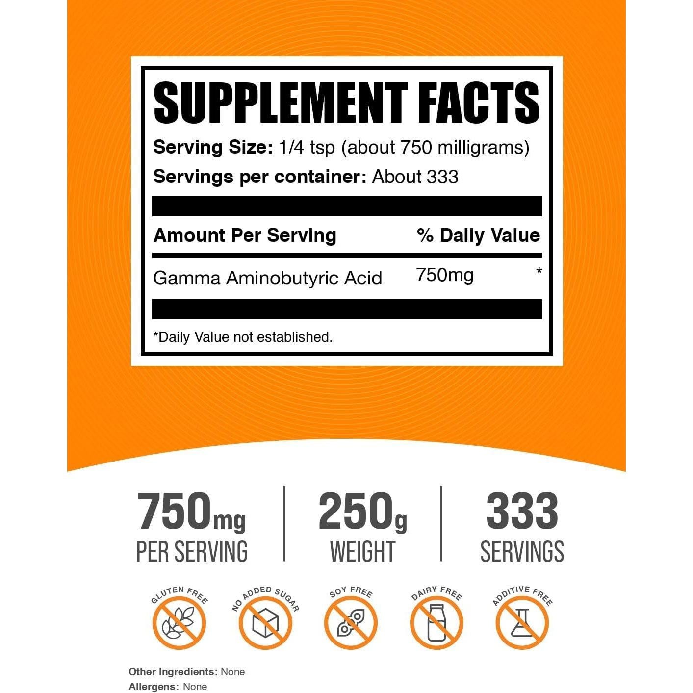 Polvo de GABA BulkSupplements 750mg - Suplemento Aminoácidos 250g