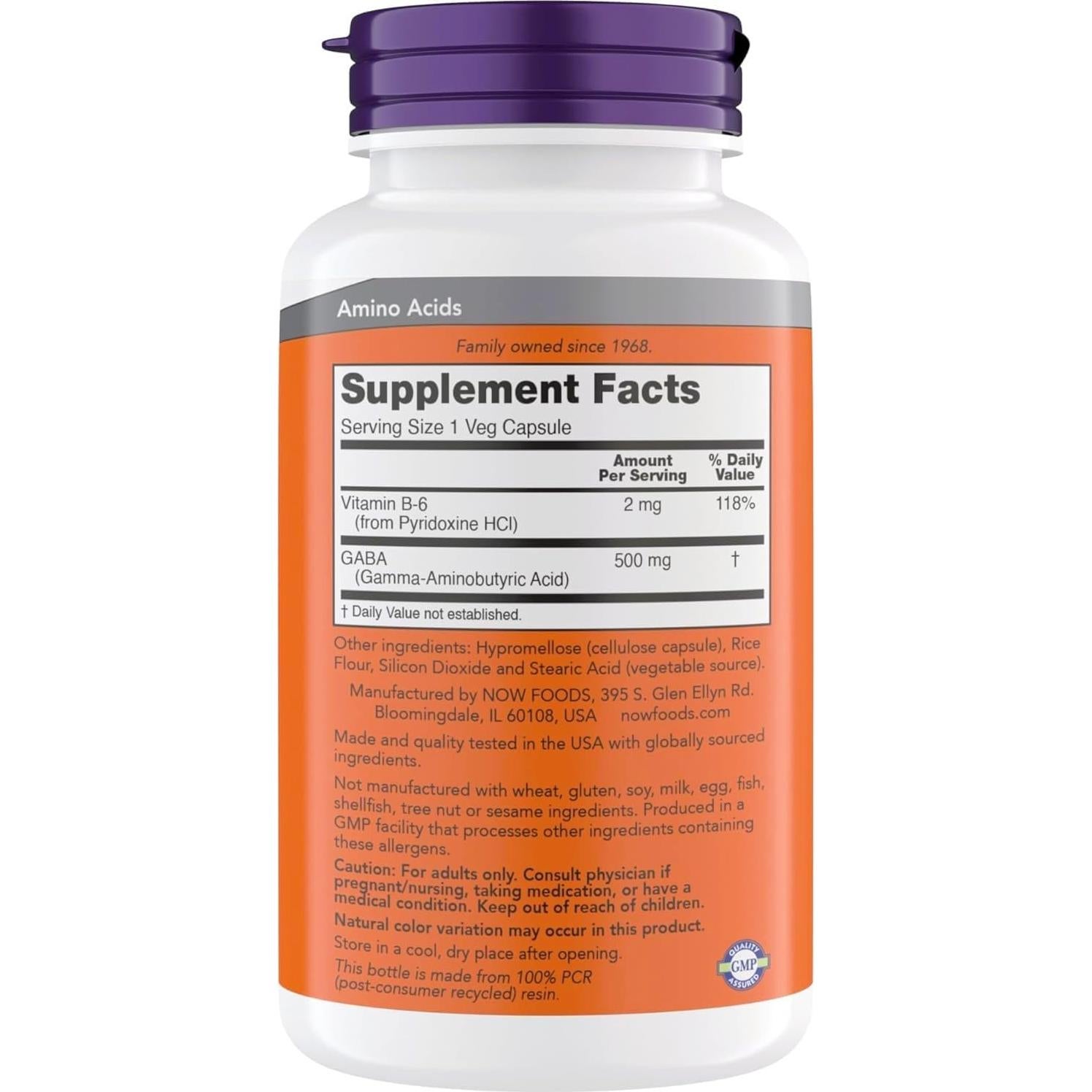 Suplemento GABA 500 mg Now - 300 Cápsulas Veganas y Kosher