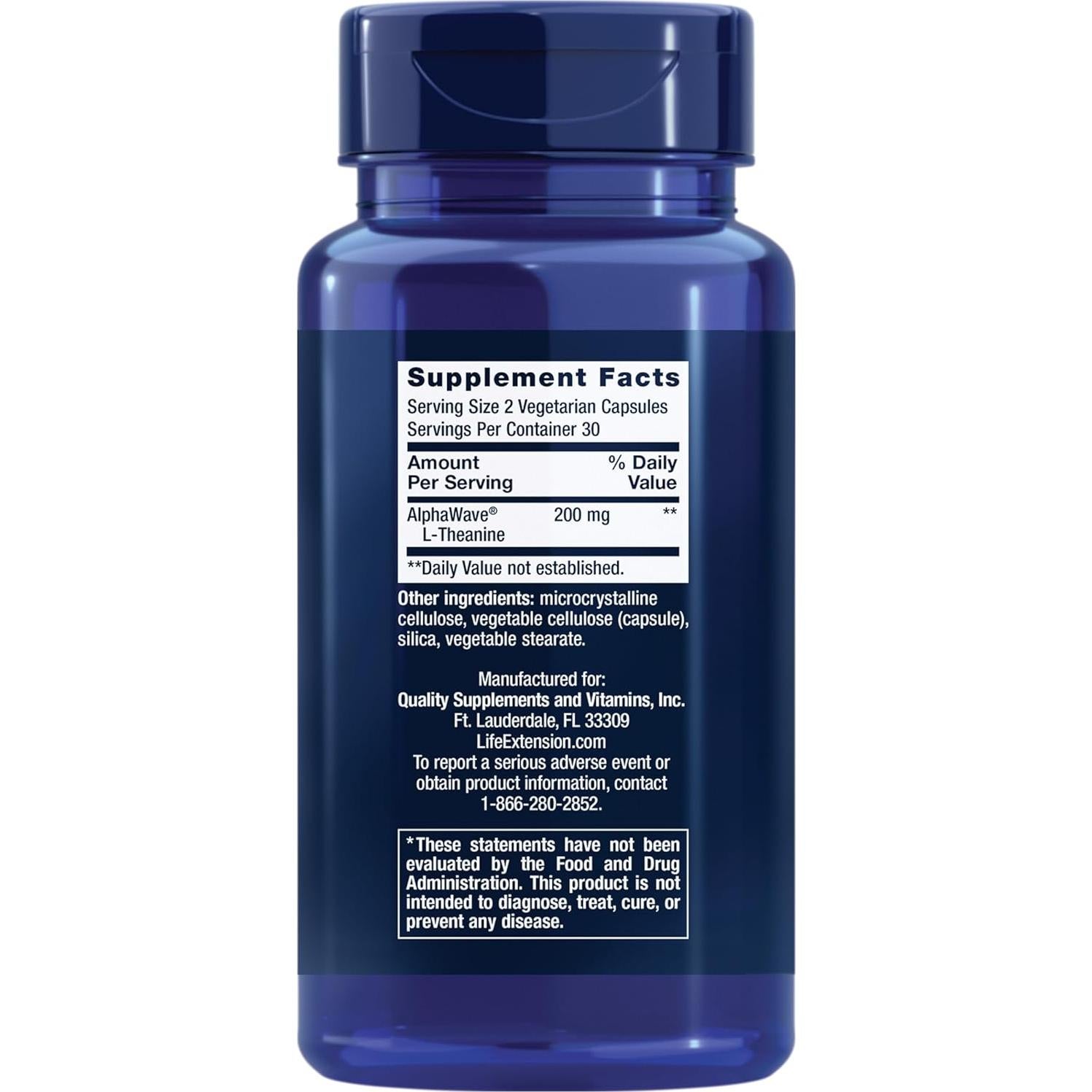 L-Theanine Life Extension 200 mg 60 Cápsulas Vegetariano