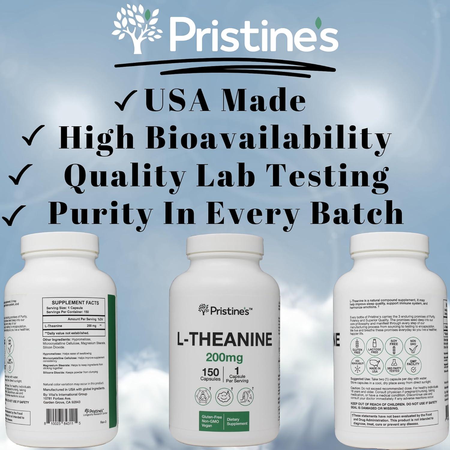 Suplemento de Aminoácidos PRISTINE'S L Teanina 200mg - 150 Cápsulas Veganas