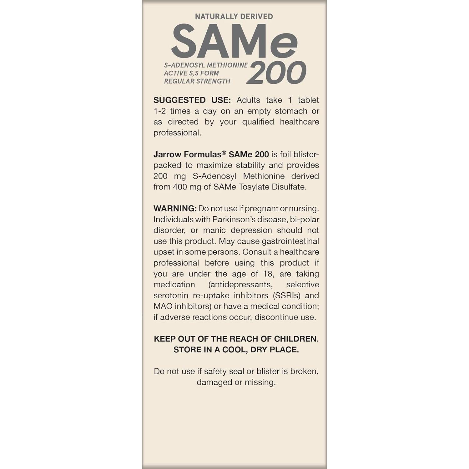 Suplemento Jarrow Formulas SAMe 200 mg - 60 Tabletas - Salud Articular y Hepática