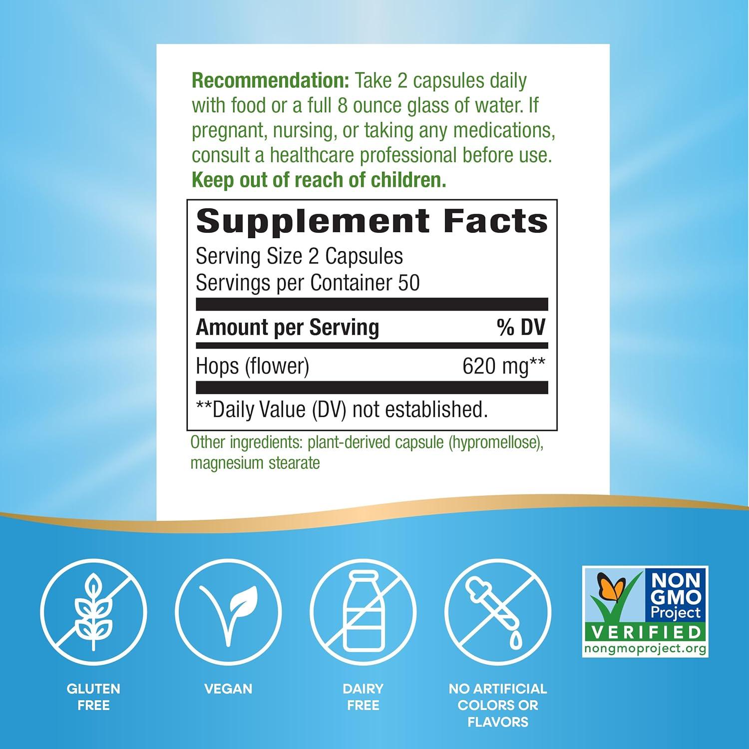 Flores de Lúpulo Nature's Way 620 mg - Suplemento Herbal Vegano 100 Cápsulas