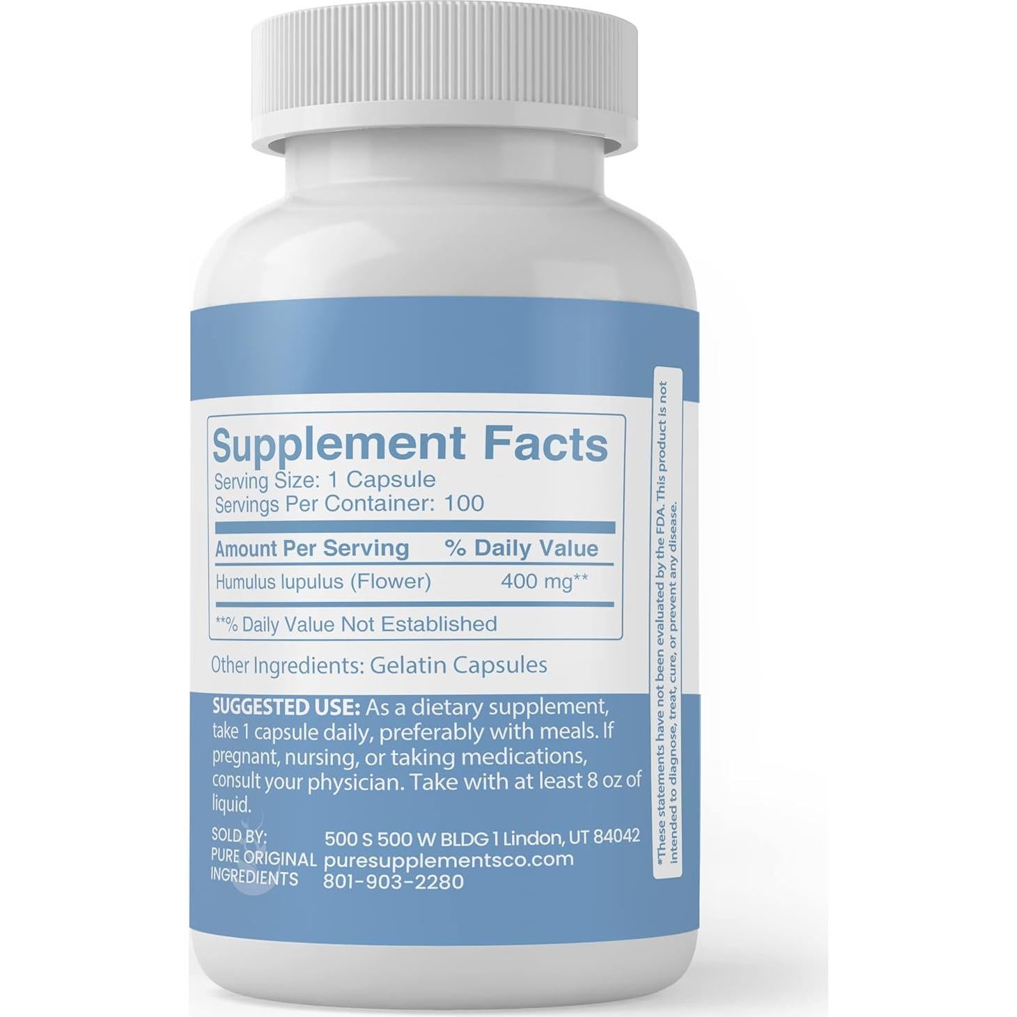 Cápsulas de Extracto de Lúpulo Ingredientes Originales Puros 100 Unidades