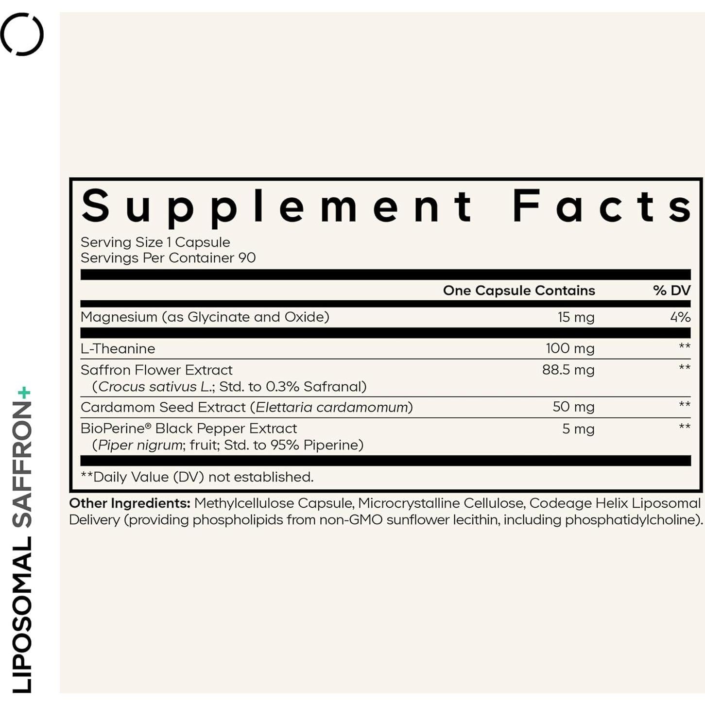 Suplemento Liposomal Saffron+ Codeage - 90 Cápsulas - Azafrán, Magnesio, L-Teanina
