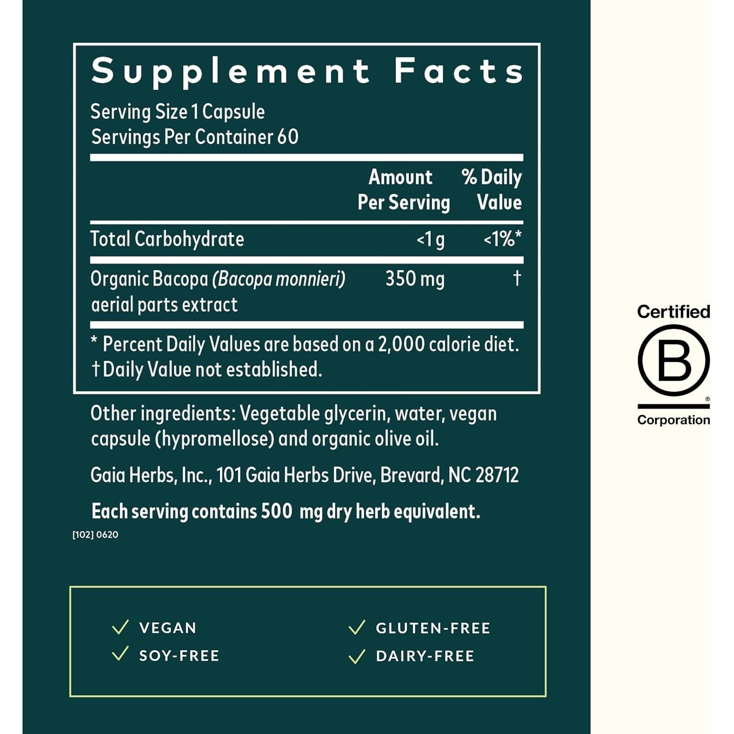 Suplemento Herbal Gaia Herbs Bacopa 60 Cápsulas Veganas