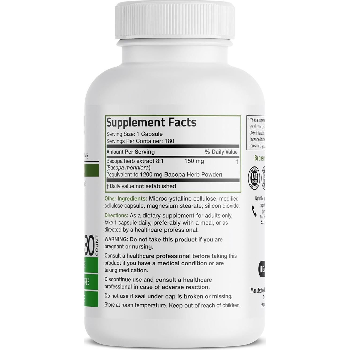 Suplemento Bronson Bacopa 180 Cápsulas Vegetales - Apoyo Cerebral