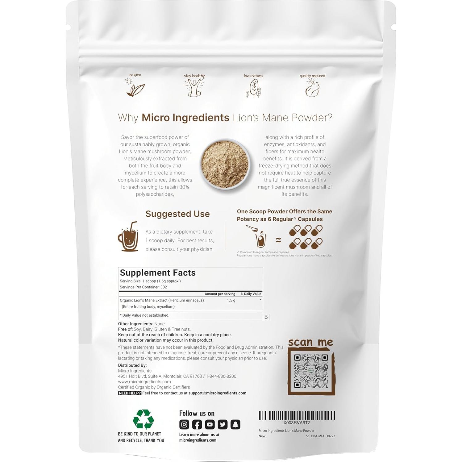 Polvo de Hongo Melena de León Orgánico Micro Ingredients 453g