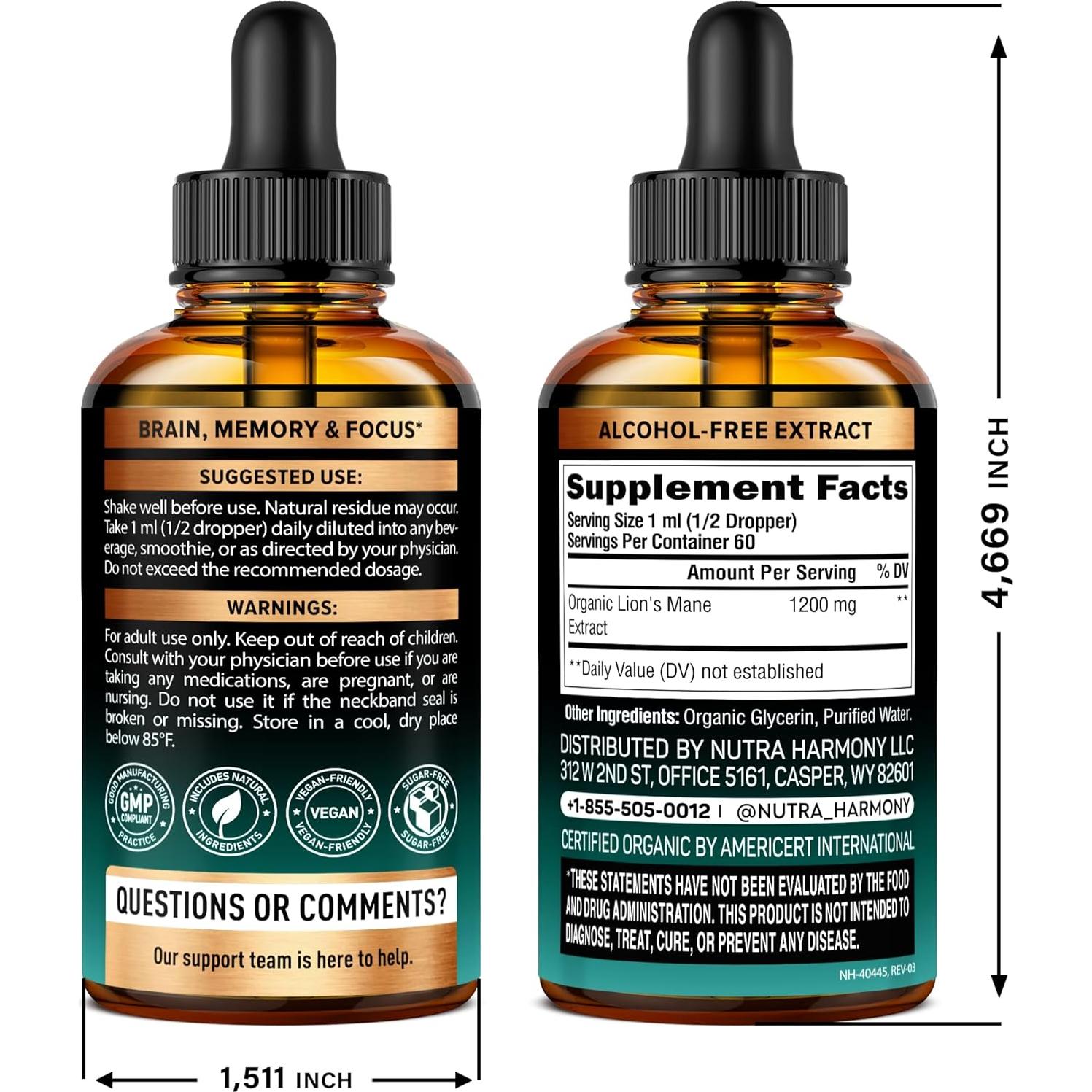 Extracto Líquido de Melena de León NUTRA HARMONY 60 ml - Suplemento Orgánico