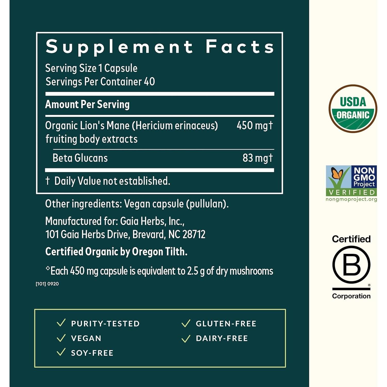 Hongos Melena de León Gaia Herbs - 40 Cápsulas Veganas