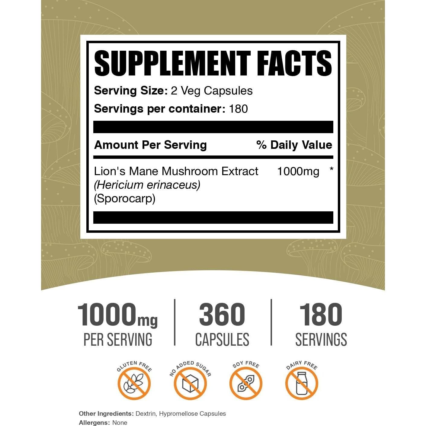 Cápsulas de Hongo Melena de León BulkSupplements 360 Unidades