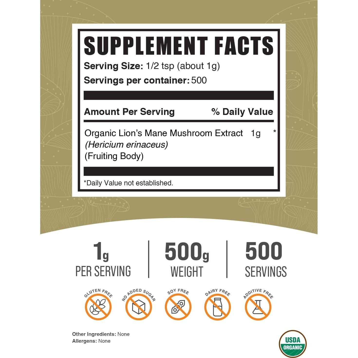 Extracto de Hongo Melena de León Orgánico BulkSupplements 500g