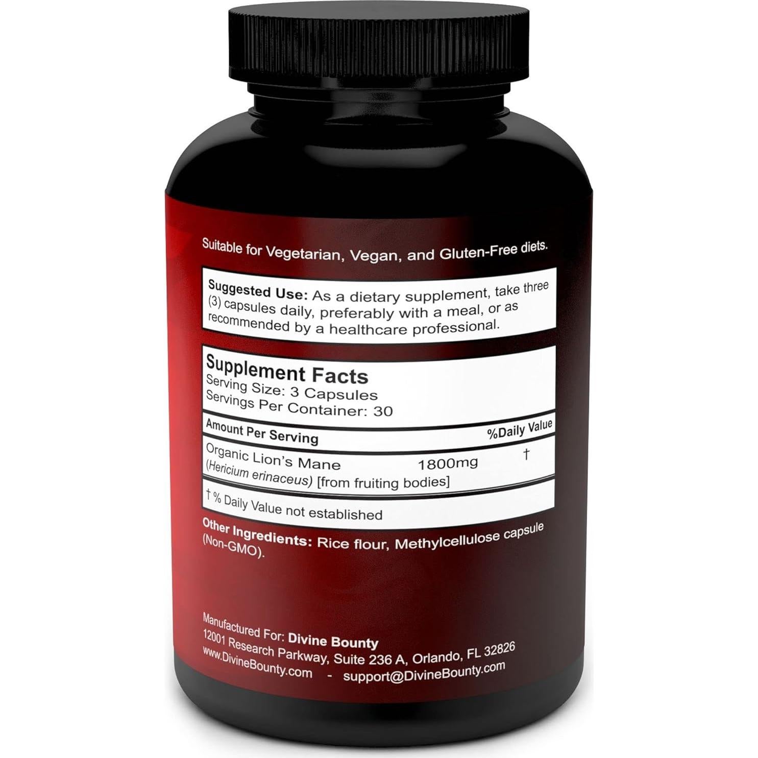 Cápsulas de Hongo Melena de León Orgánico Divine Bounty 1800mg - 90 Unidades