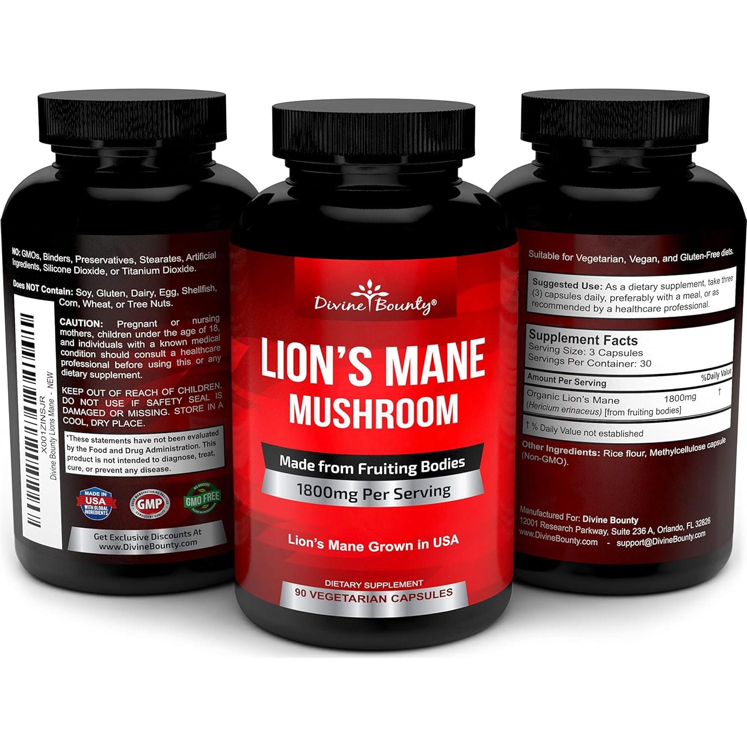 Cápsulas de Hongo Melena de León Orgánico Divine Bounty 1800mg - 90 Unidades