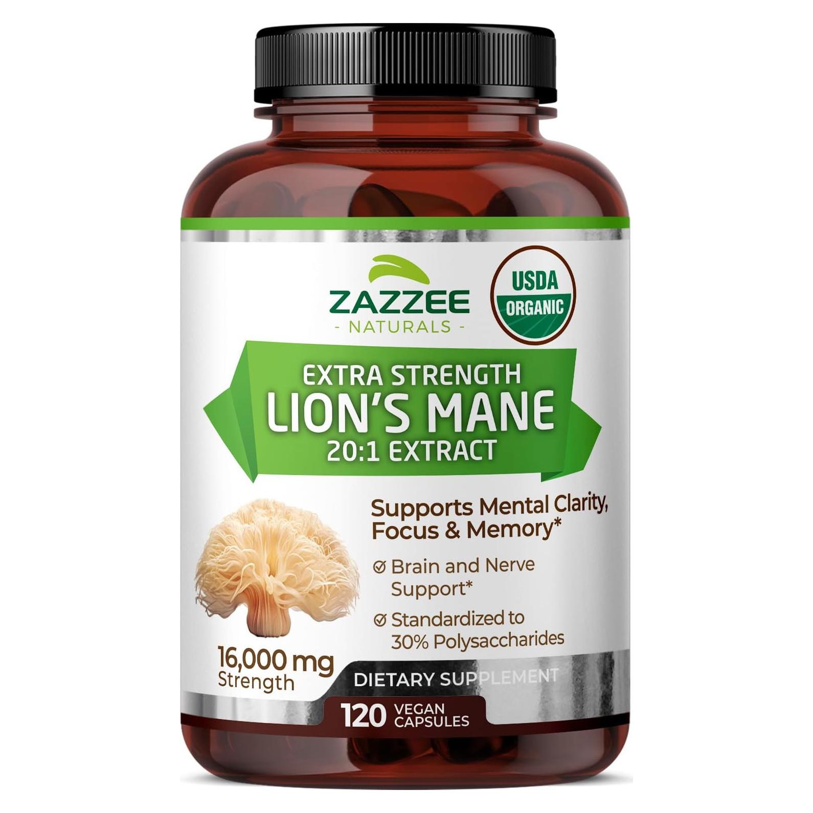 Zazzee Melena de León Orgánica 20:1 16,000 mg 120 Cápsulas Veganas