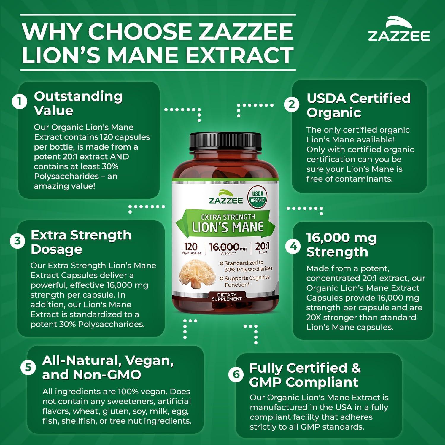 Zazzee Melena de León Orgánica 20:1 16,000 mg 120 Cápsulas Veganas
