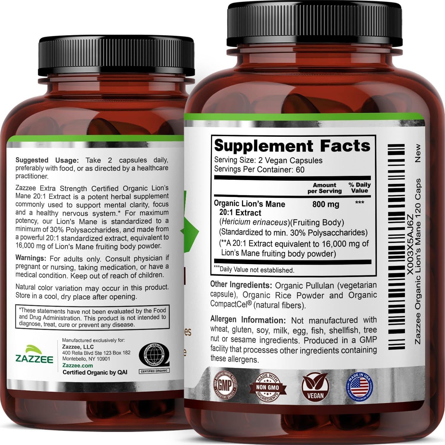 Zazzee Melena de León Orgánica 20:1 16,000 mg 120 Cápsulas Veganas