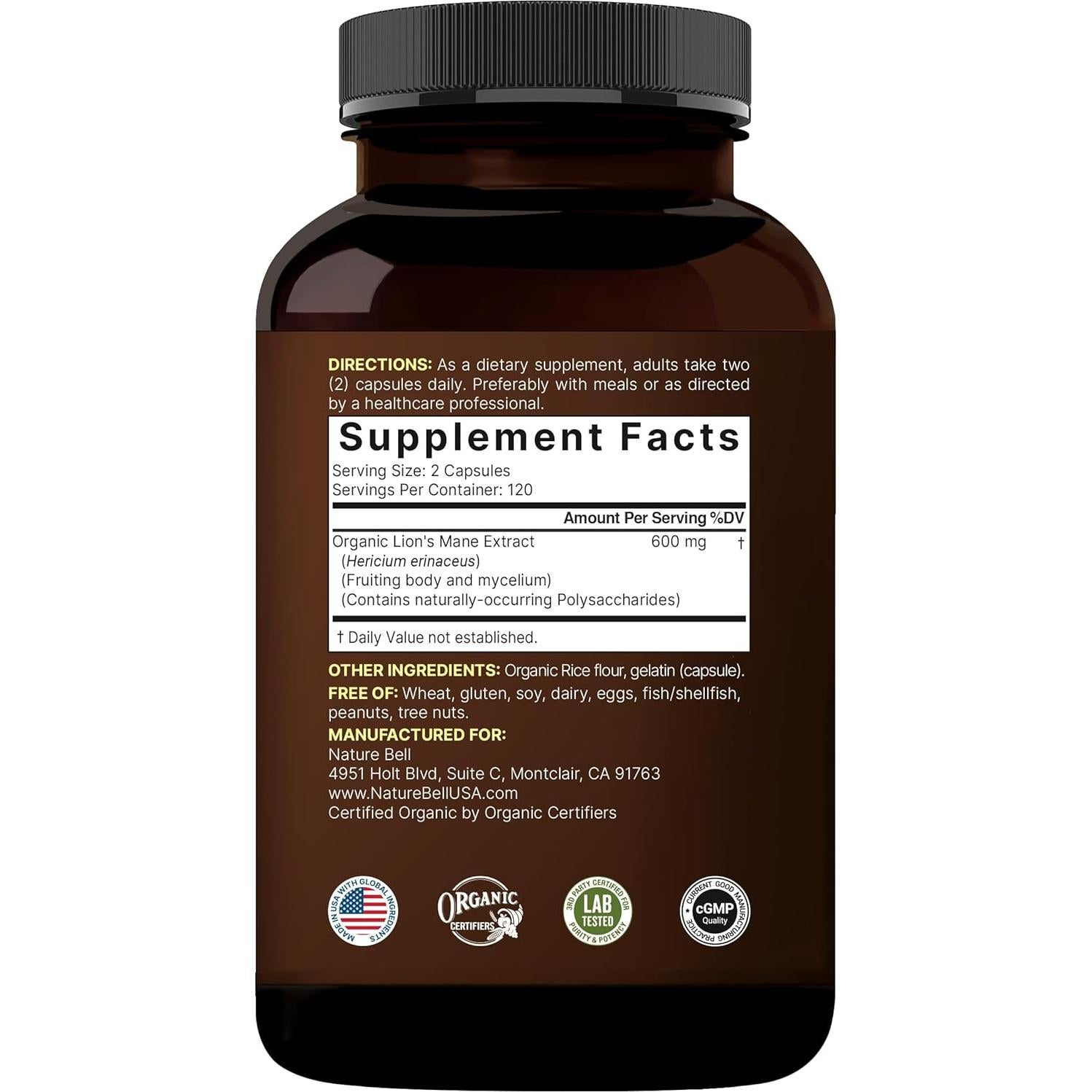 Suplemento de Hongos Melena de León NatureBell 240 Cápsulas