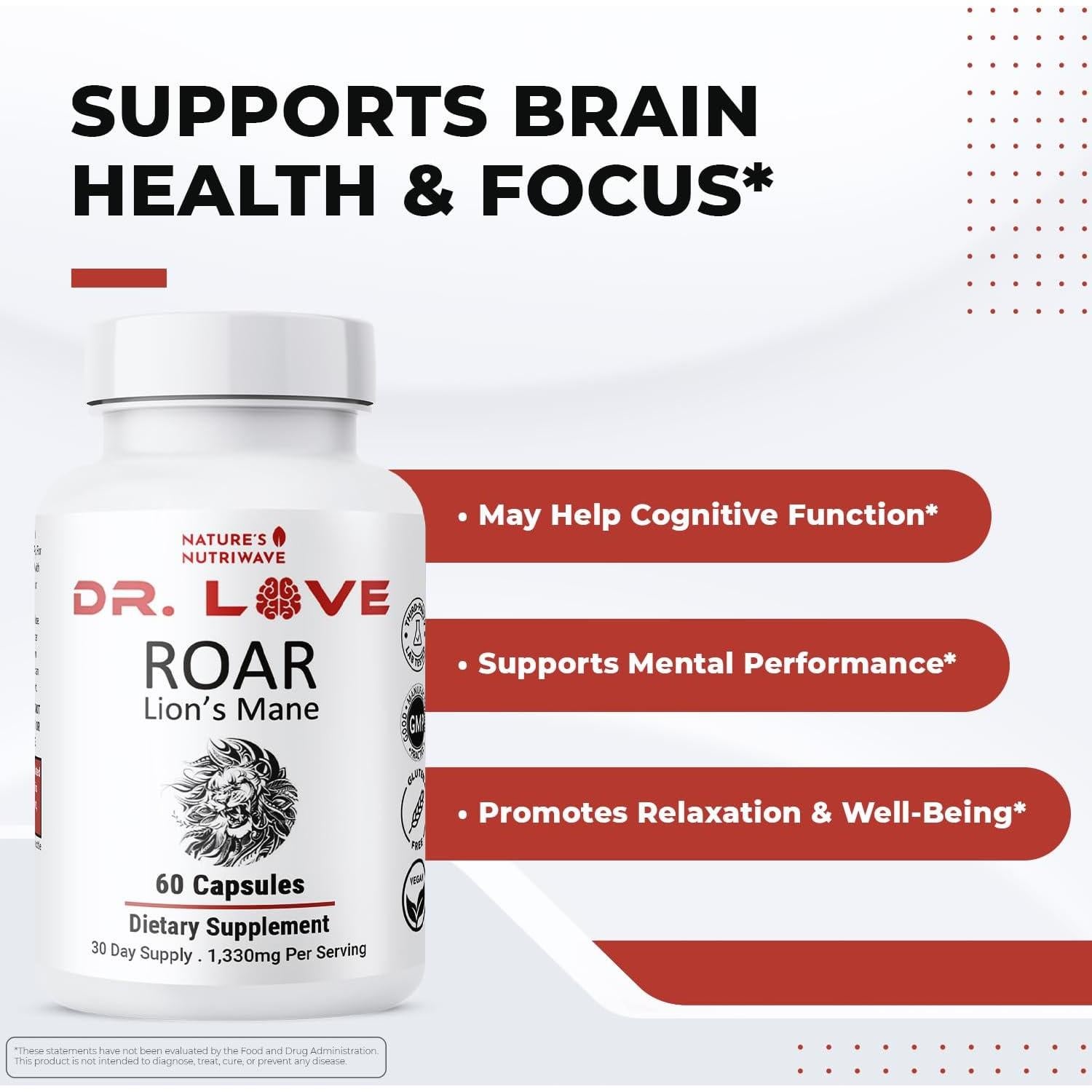 Suplemento Vegano de Hongo Melena de León Dr. Love Roar - 60 Cápsulas