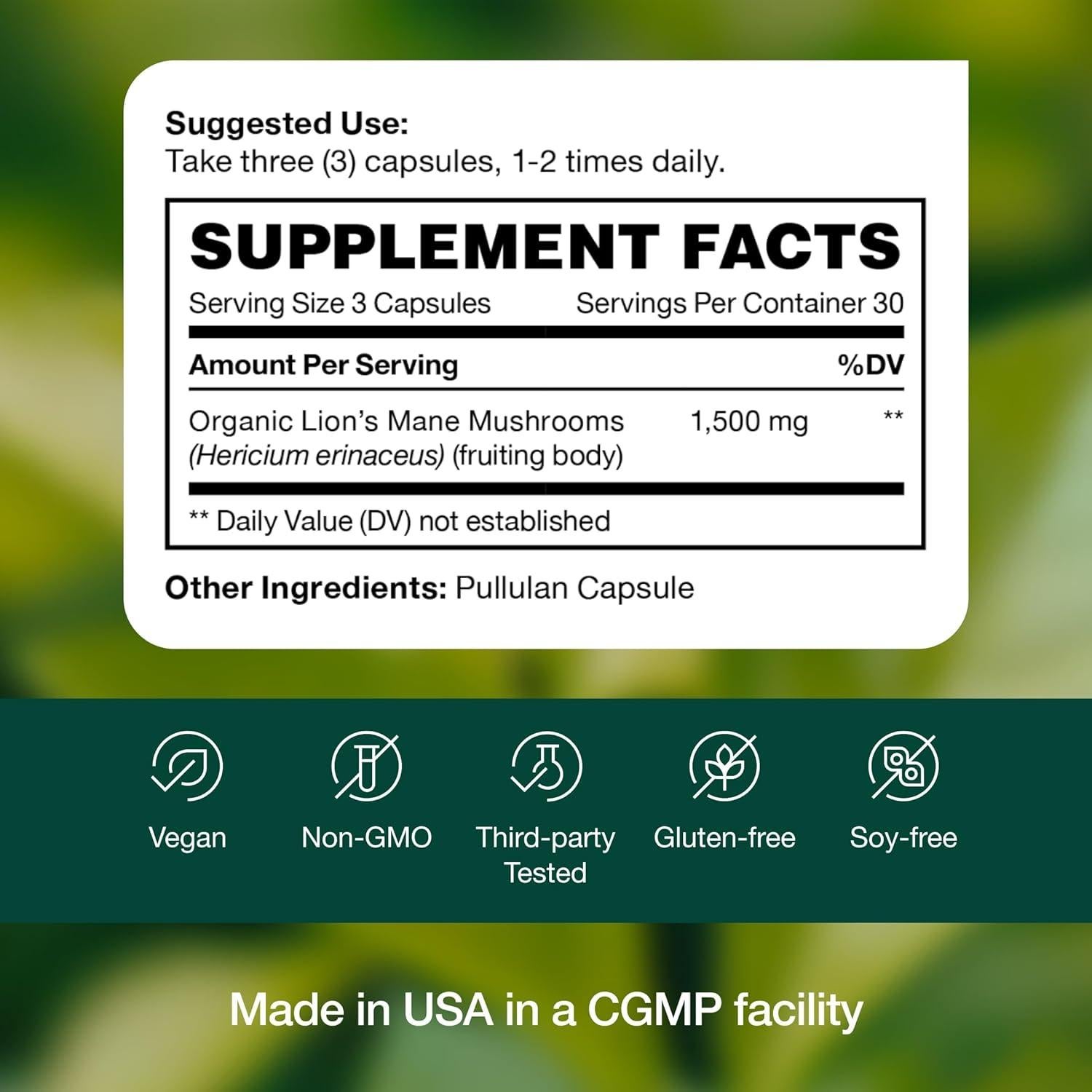 Cápsulas de Hongo Melena de León Orgánico Fresh Nutrition 1500mg