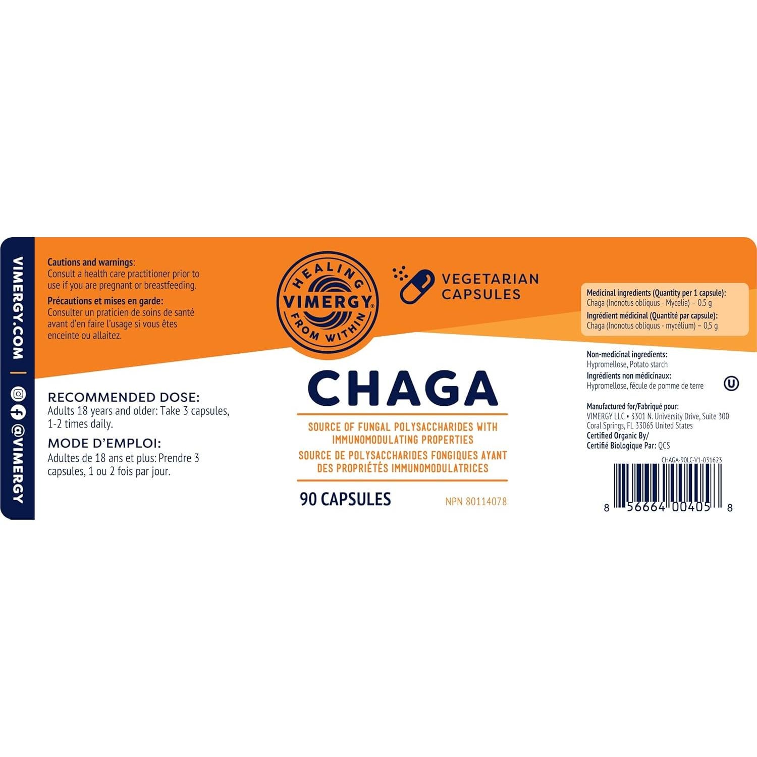 Cápsulas de Chaga Vimergy - Superfood Antioxidante - 90 Unidades