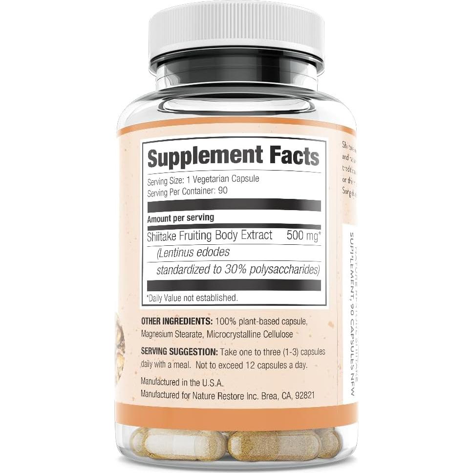 Suplemento Shiitake Nature Restore 90 Cápsulas 500mg 30% Polisacáridos