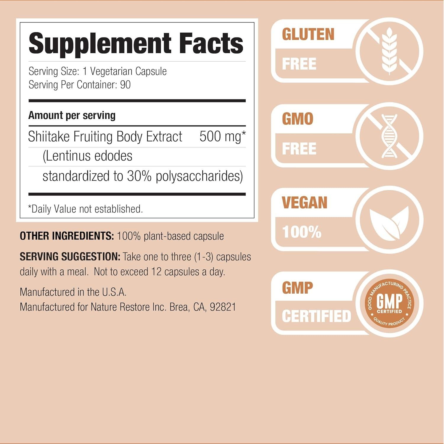 Suplemento Shiitake Nature Restore 90 Cápsulas 500mg 30% Polisacáridos