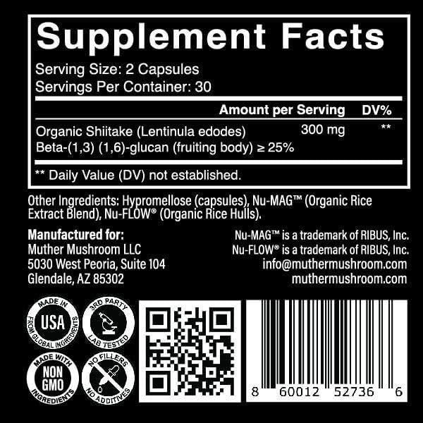 Cápsulas de Shiitake Orgánico Muther Mushroom 300mg - 100% Puro