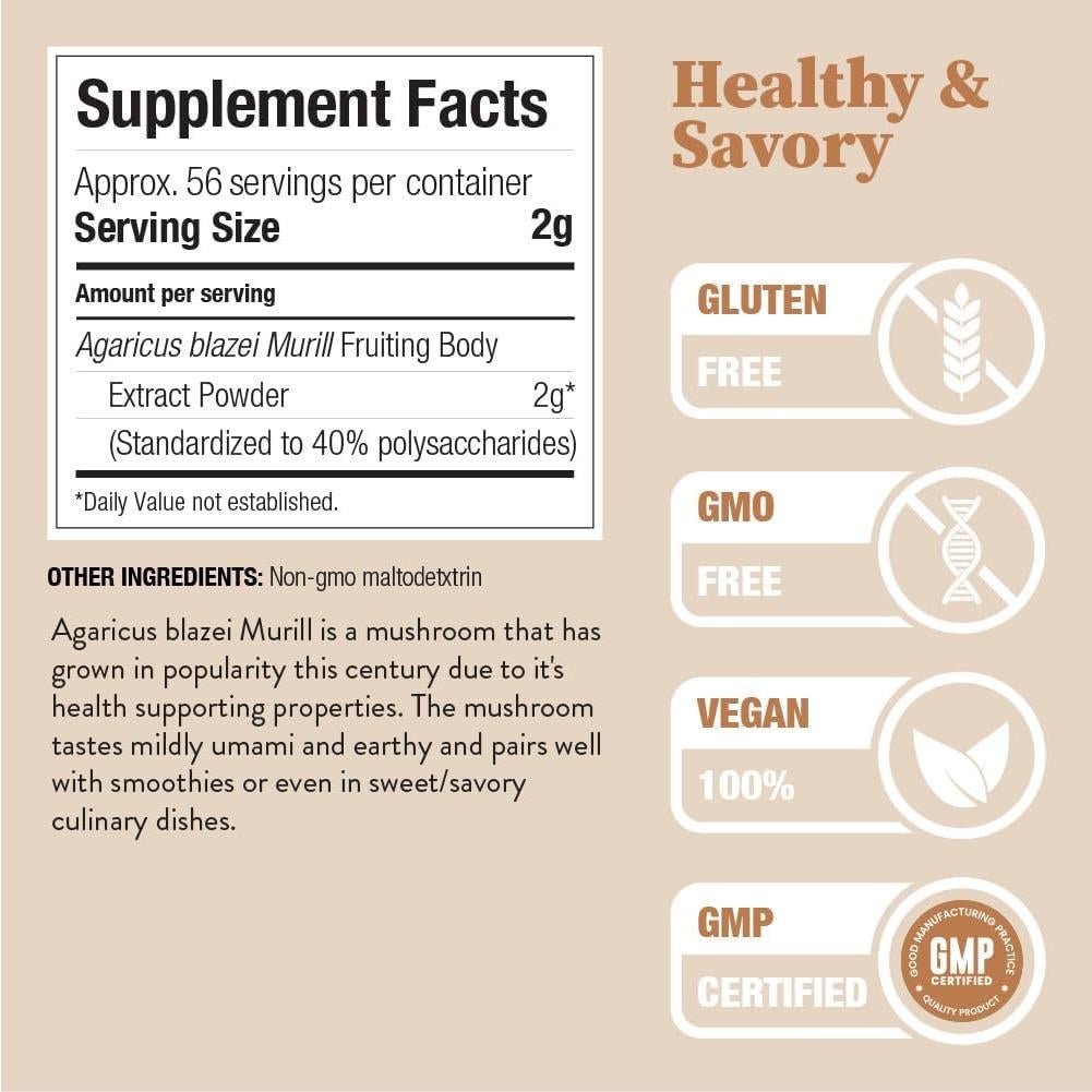 Extracto de hongo Agaricus Blazei Murill en polvo 113g 40% polisacáridos