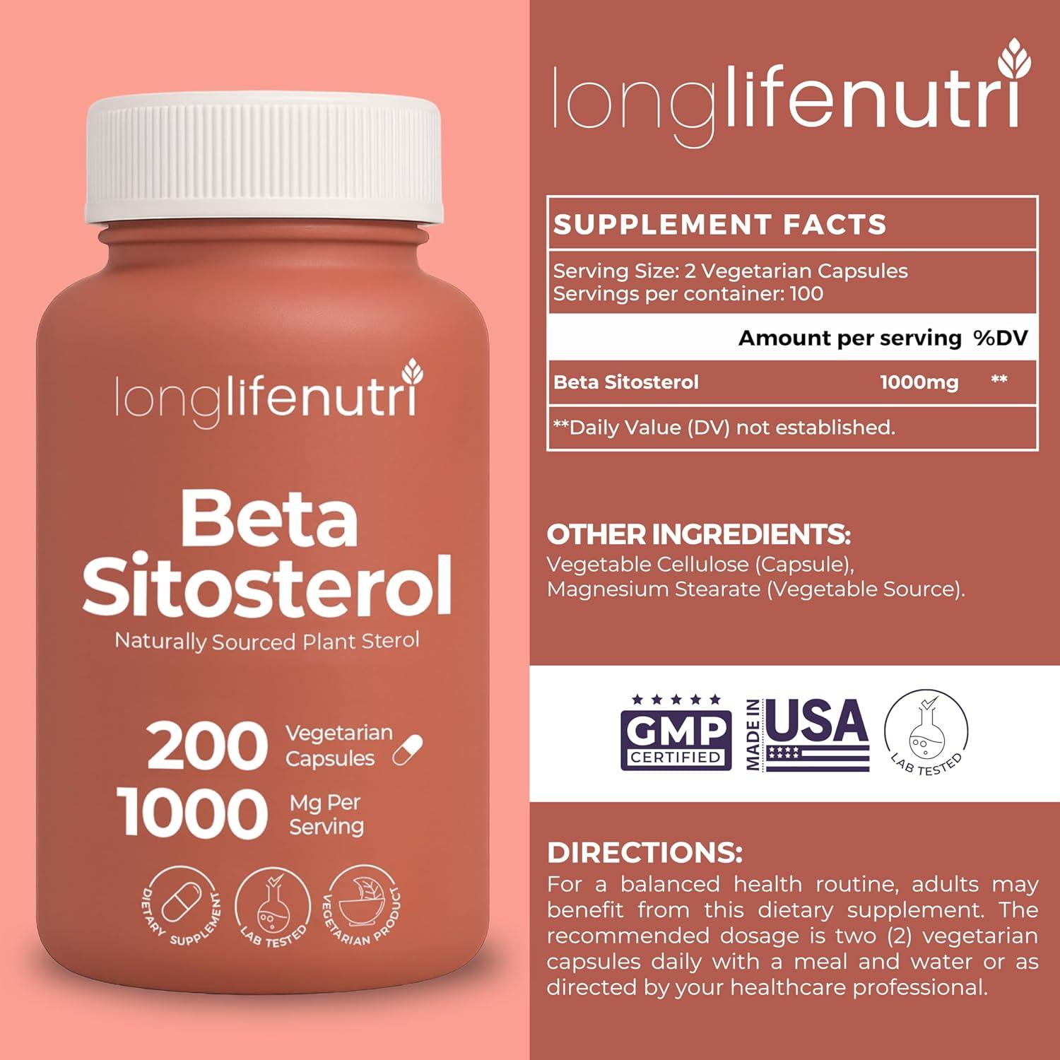 LongLifeNutri Beta Sitosterol 1000mg - 200 Cápsulas Vegetarianas