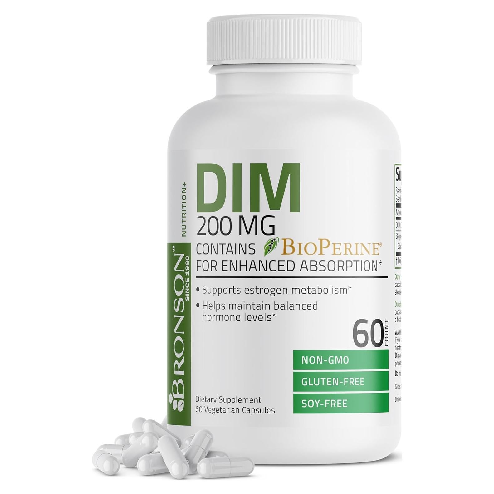 Suplemento Bronson DIM 200 MG con BioPerine - 60 Cápsulas Vegetarianas