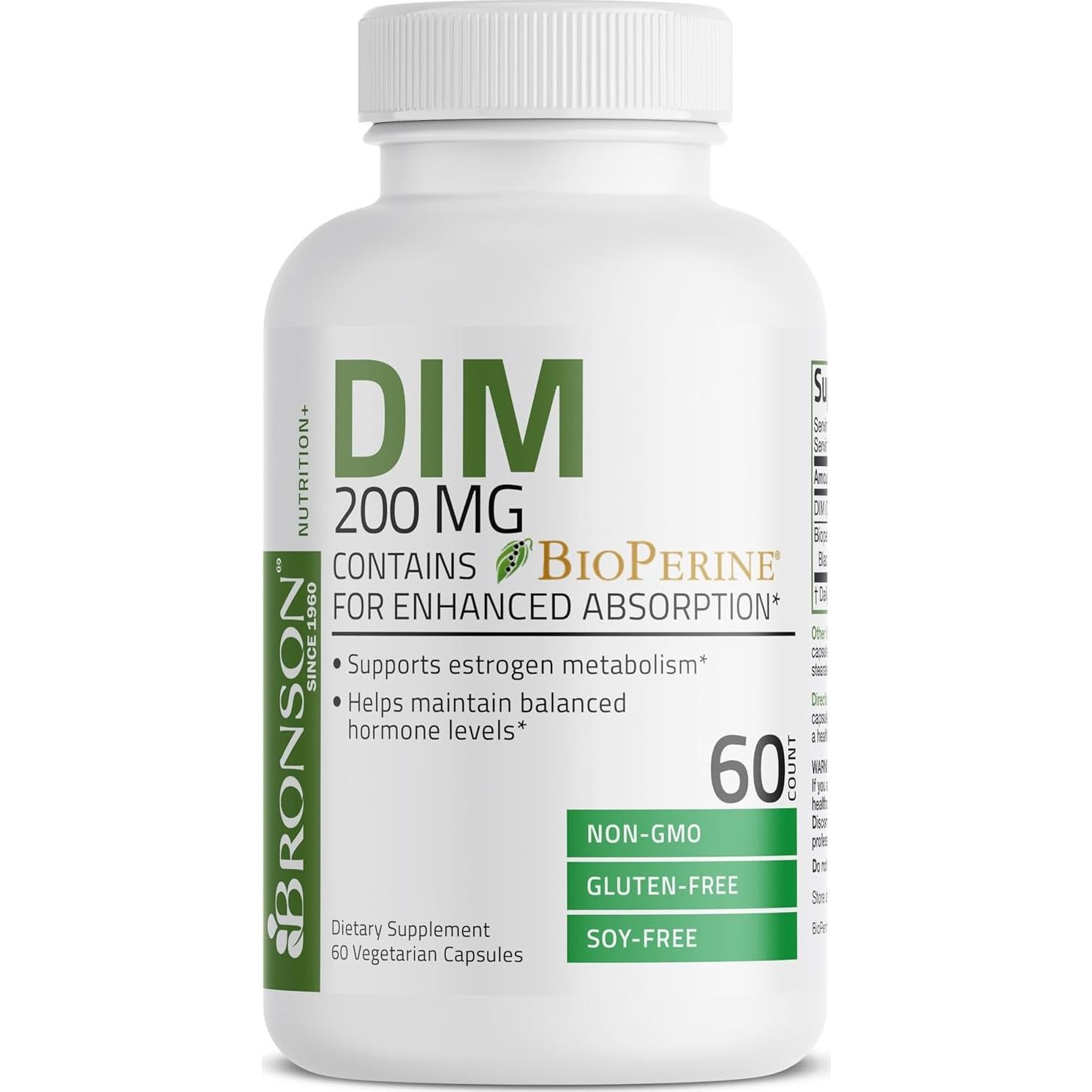 Suplemento Bronson DIM 200 MG con BioPerine - 60 Cápsulas Vegetarianas