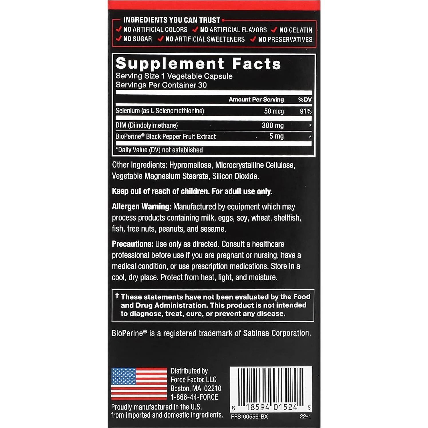 Suplemento DIM Force Factor 300mg - 30 Cápsulas para Hombres