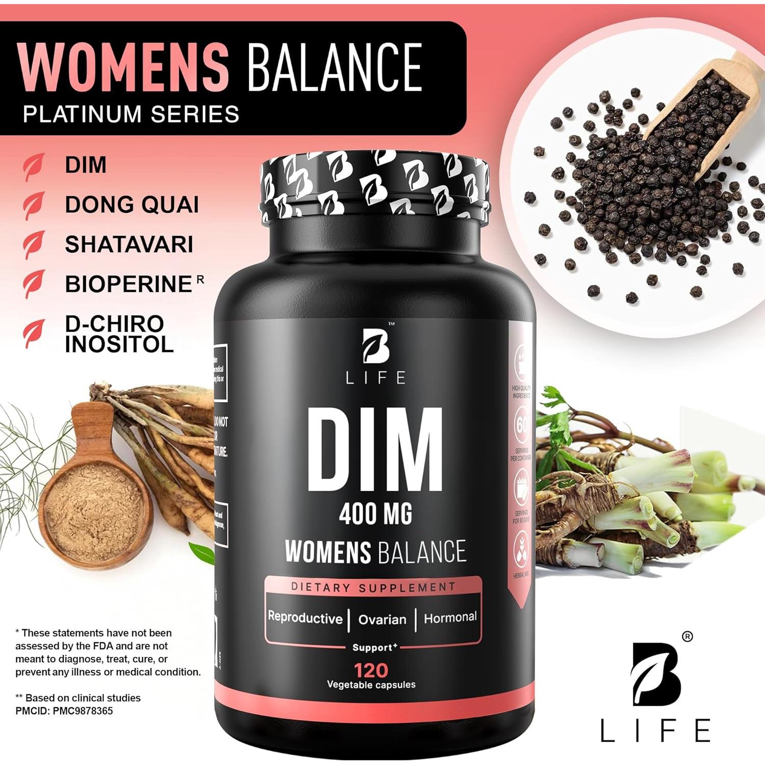 Suplemento DIM 400 mg B Life con Inositol y Dong Quai - 120 Cápsulas