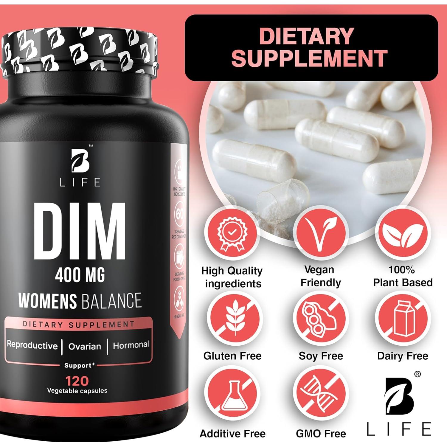 Suplemento DIM 400 mg B Life con Inositol y Dong Quai - 120 Cápsulas
