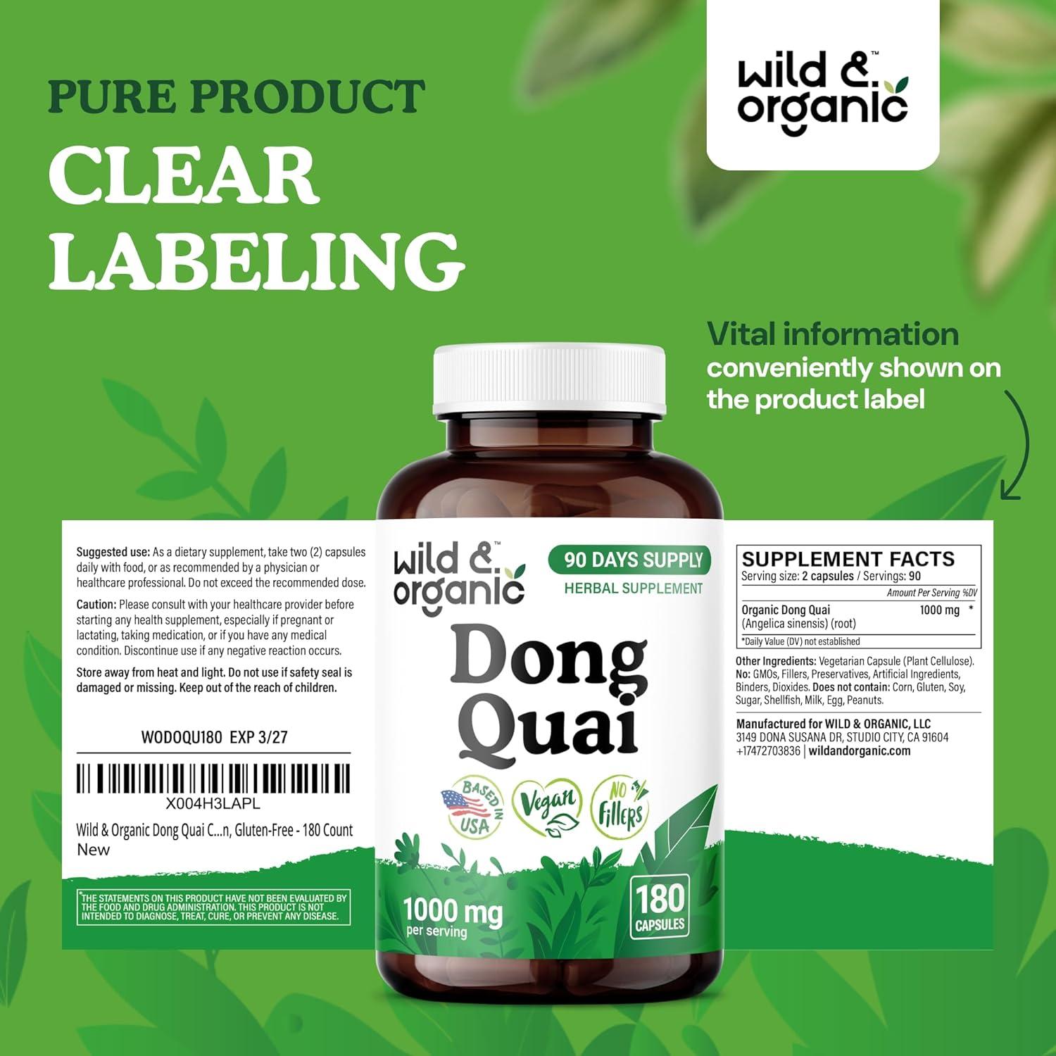 Cápsulas de Dong Quai Silvestre y Orgánico 1000 mg - 180 Unidades