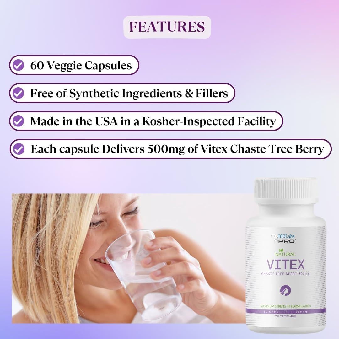 Suplemento Vitex Chasteberry BIOLABS PRO 500mg Vegano 60 Cápsulas
