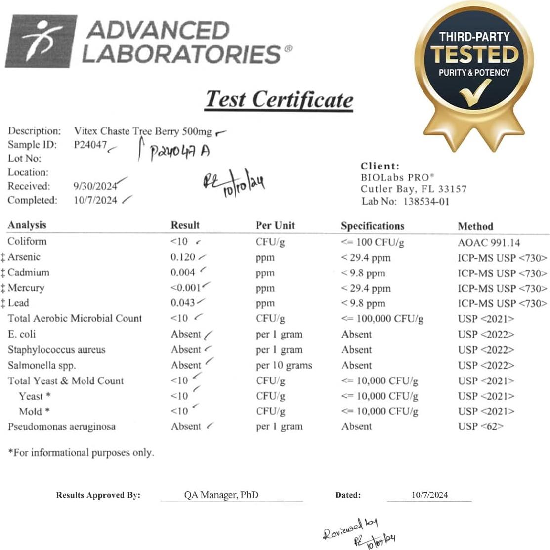 Suplemento Vitex Chasteberry BIOLABS PRO 500mg Vegano 60 Cápsulas