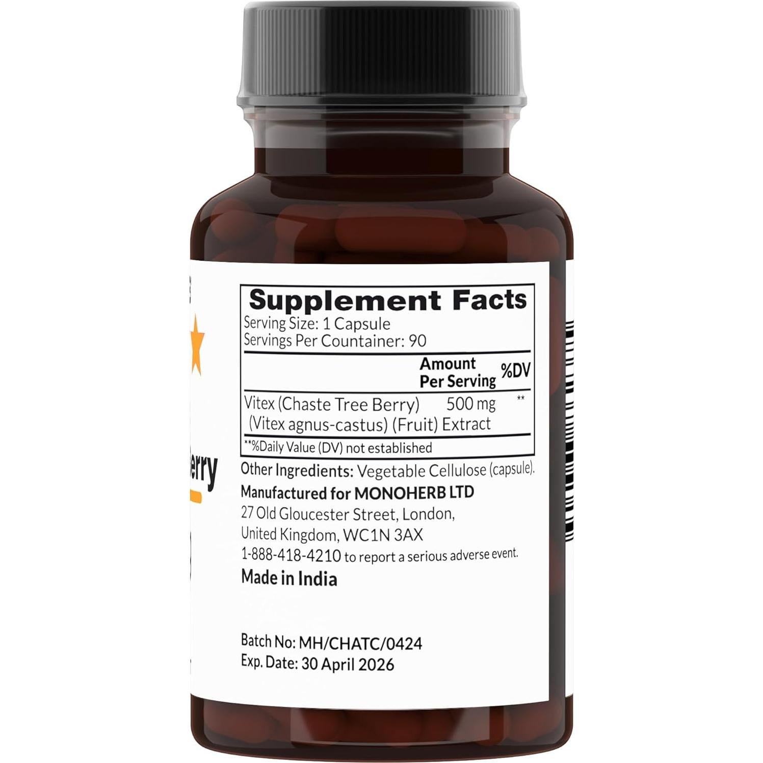 Baya del Árbol Vitex Chaste 500 mg - 90 Cápsulas Veganas