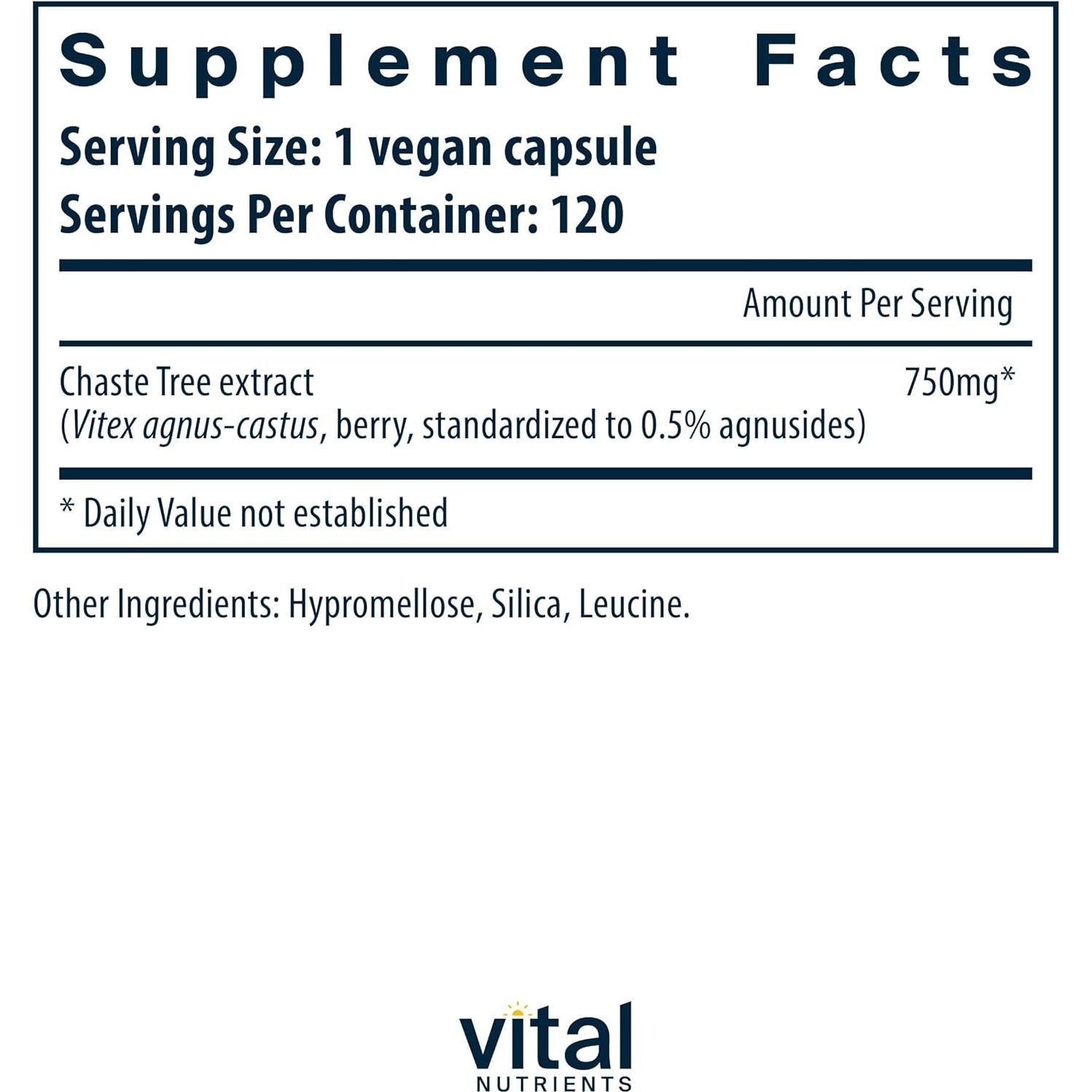 Vital Nutrients Vitex 750mg - Extracto de Baya de Sauzgatillo - 120 Cápsulas
