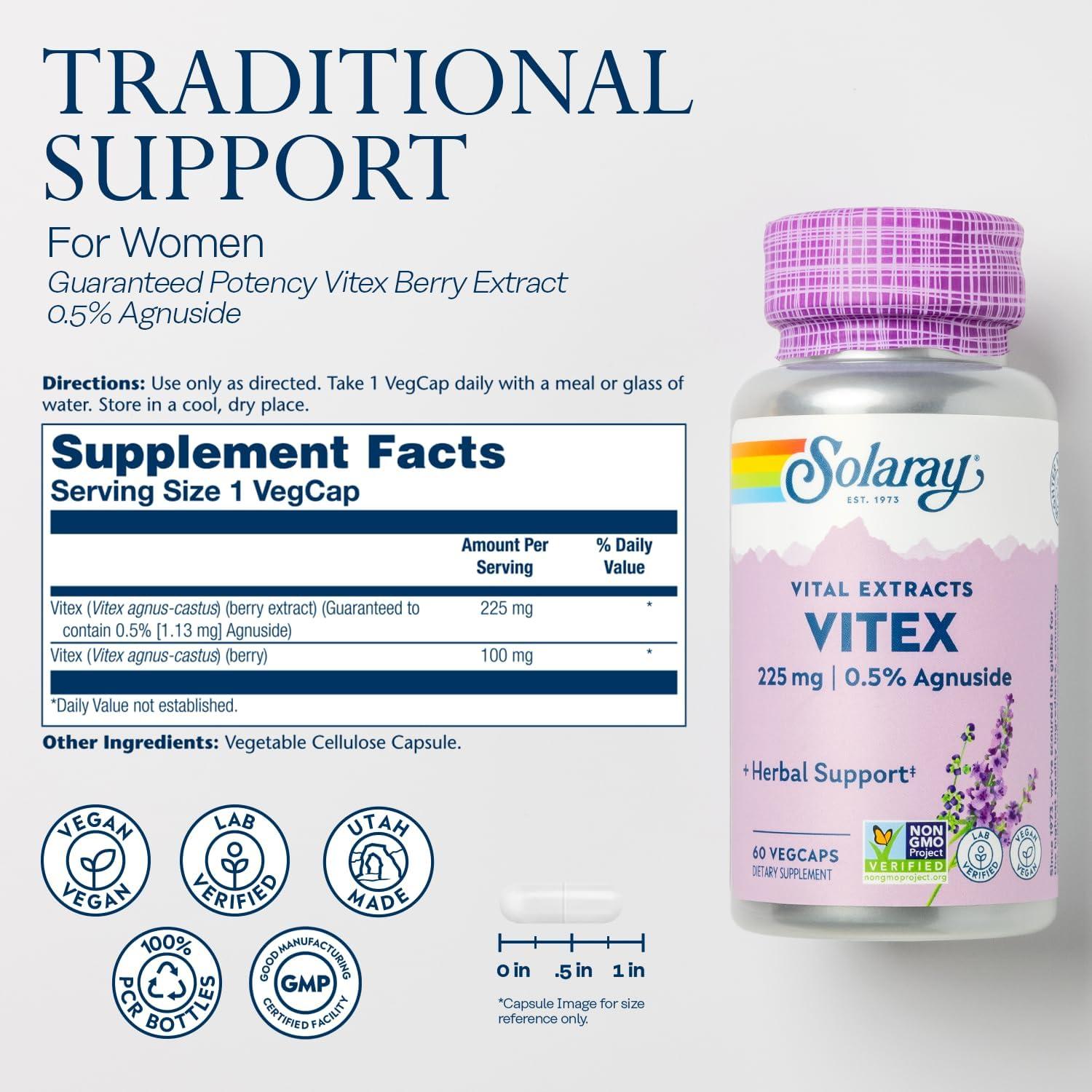 Suplemento de Vitex Solaray 225 mg - Baya de Chaste para Mujeres - 60 VegCaps