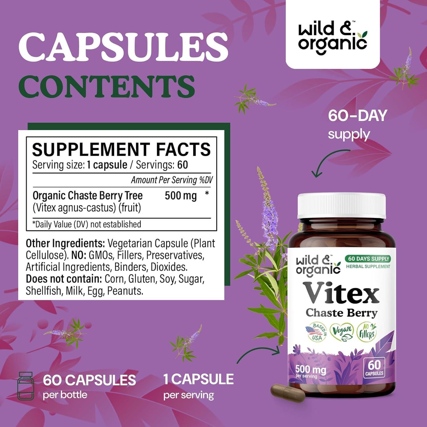 Suplemento Vitex Chasteberry Silvestre 60 Cápsulas Veganas