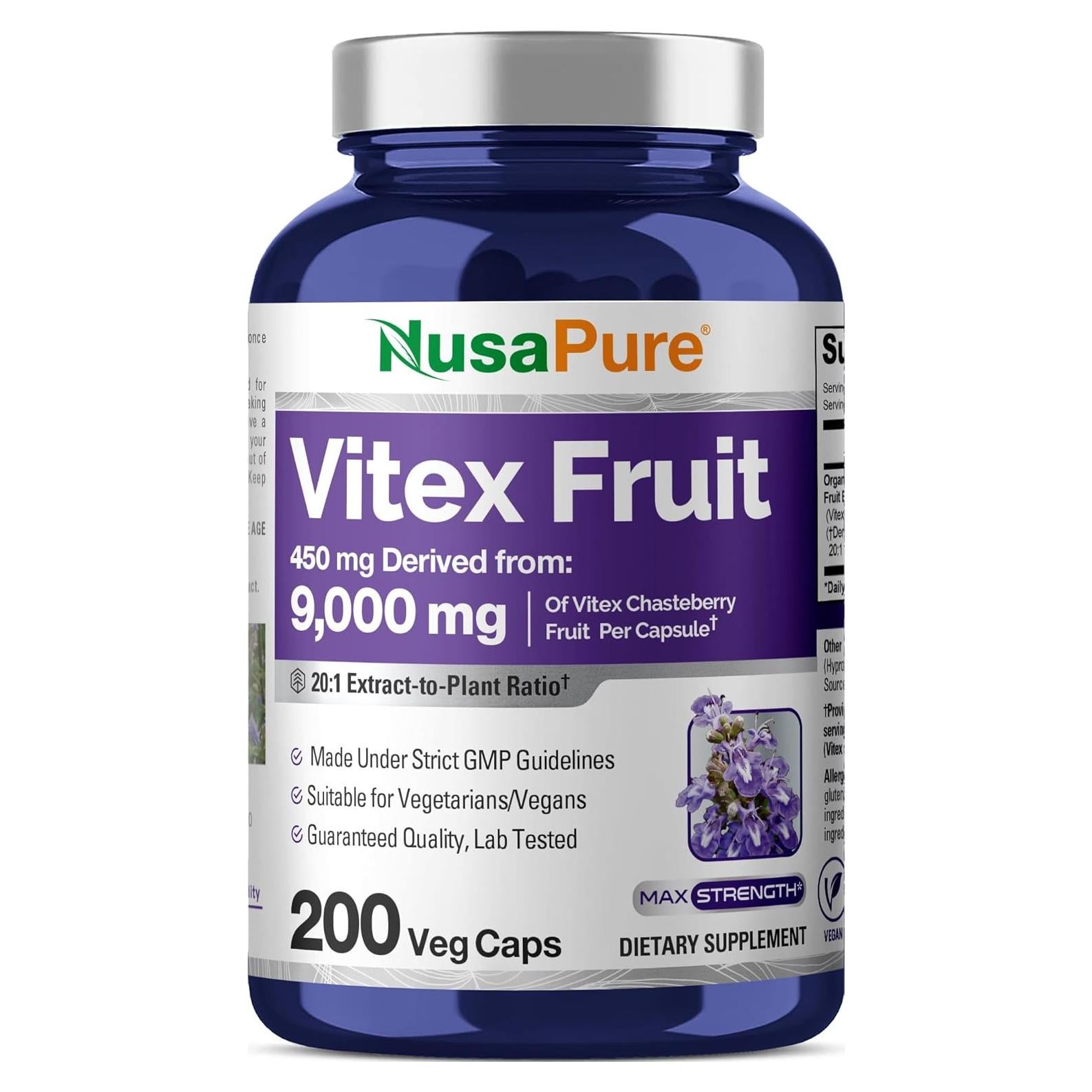 Extracto de Vitex Chasteberry 20:1 NusaPure 450 mg 200 Cápsulas Veganas